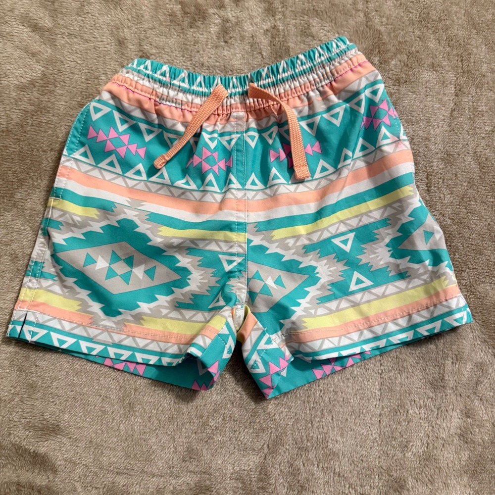 Chubbies Kids Swim Trunks 3T Teal Aztec Geometric Mesh Lined Board Shorts
